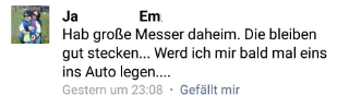 Mit einem großen Messer auf andere Menschen losgehen, was unterscheidt einen dann nochmal von dem, was an den Asylbewerbern angeblich so schlimm ist?