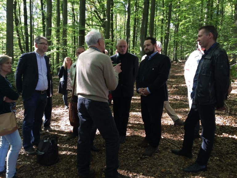 Angeregtes Gespräch unter den Buchen im Ebracher Forst (von links): Barbara Pfeuffer, Gerhard Schmidt (die Bezirksvorsitzenden der Grünen aus Unter- und Oberfranken), Dr. Georg Sperber, Dr. Günther Denzler, Minister Alexander Bonde, und der Bamberger Kreisrat Andreas Lösche.