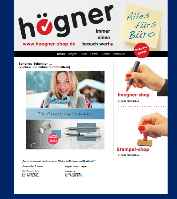 Screenshot der Webseite des Schreibwarenladen's Högner.