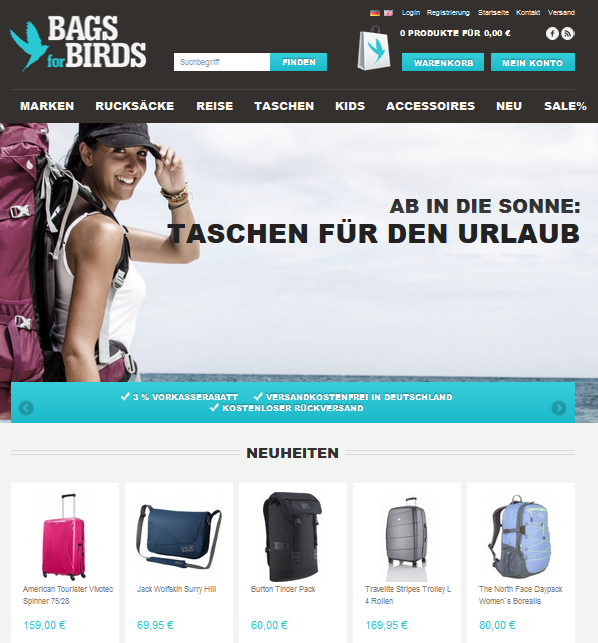 Screenshot der Webseite "Bag's for Bird" einem Online-Label von Leder frisch.